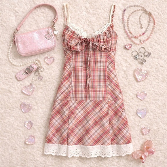 My Michelle Dresses & Skirts - Y2K My Michelle Pink Plaid Dress Size S Eyelet Hem Ruched Bust 2000s Coquette
